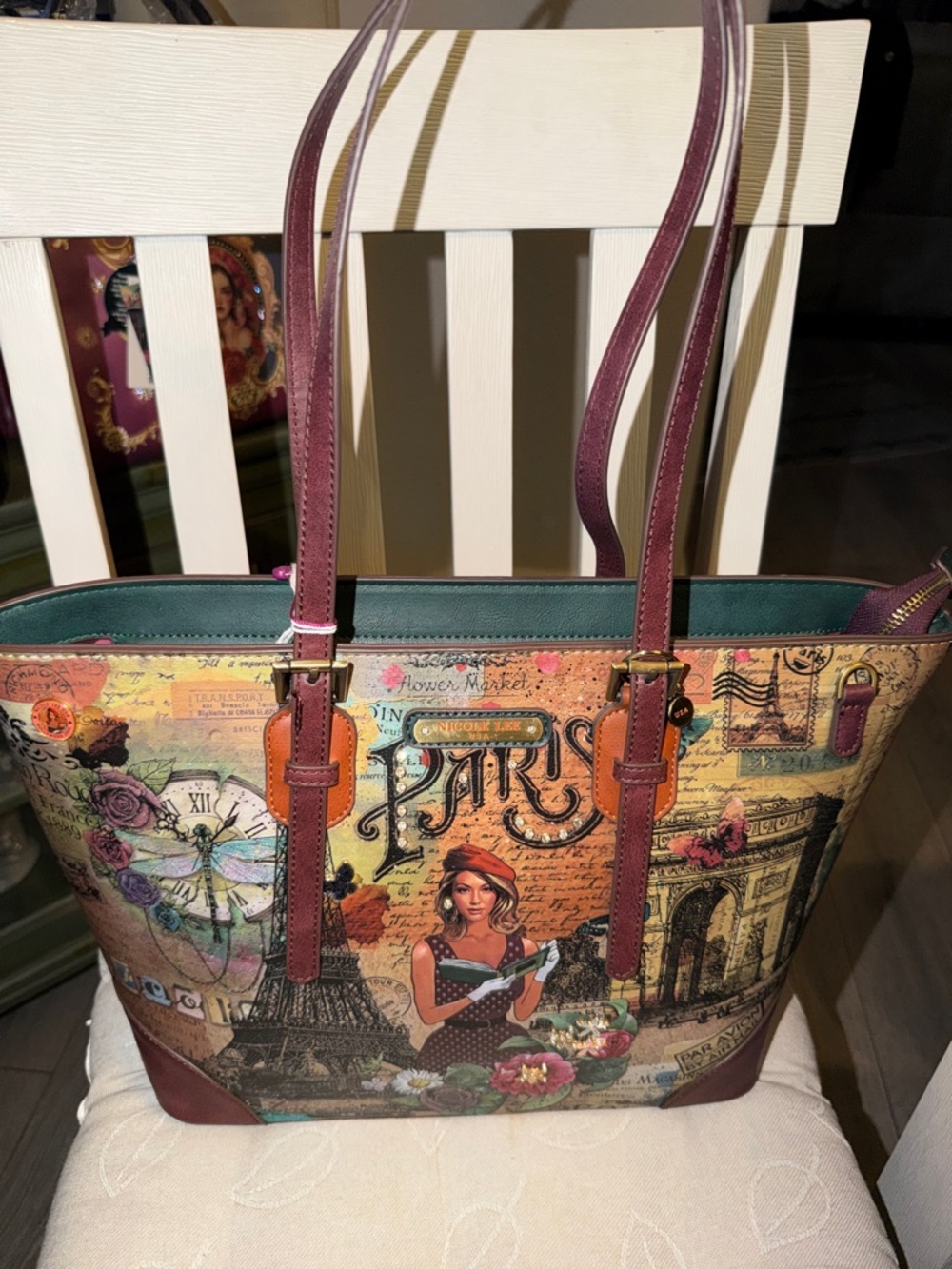 Nicole Lee Paris Illustration Tote in Burgundy and Multicolor